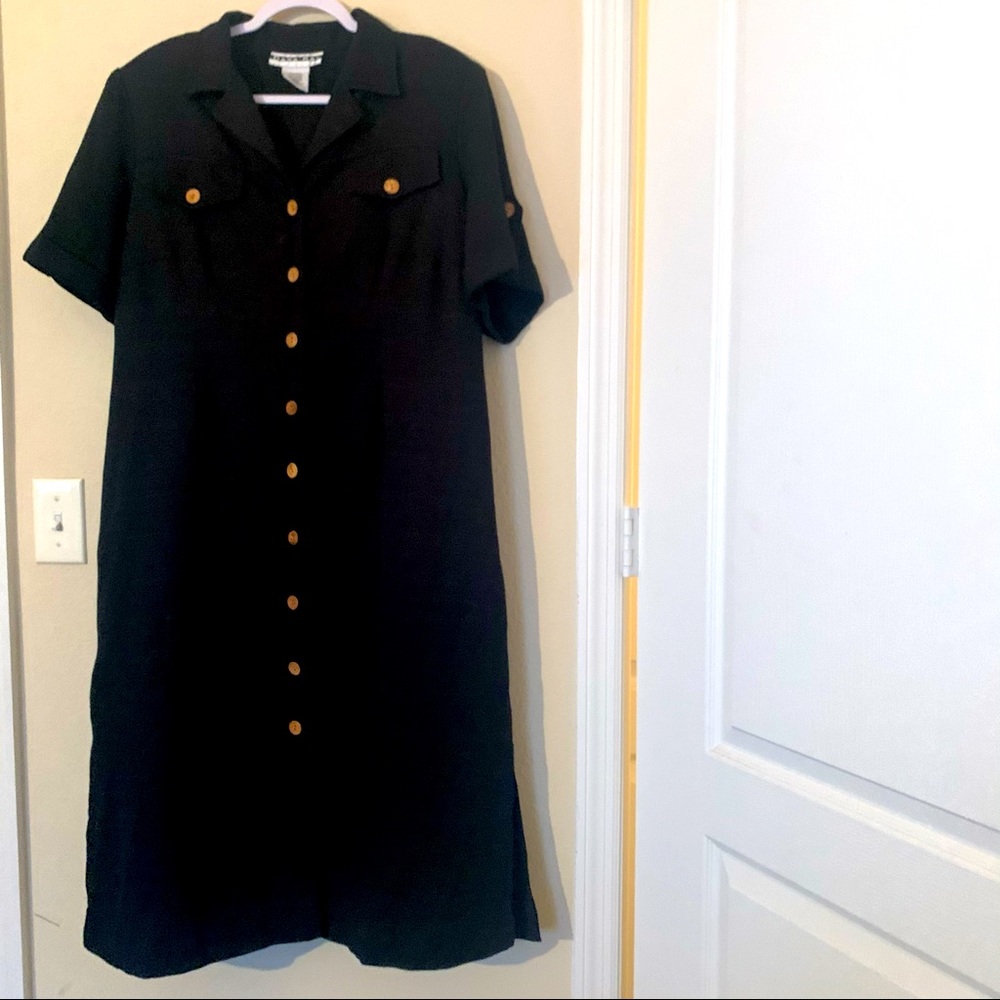 Black Knee Length Button Down Collared Dress